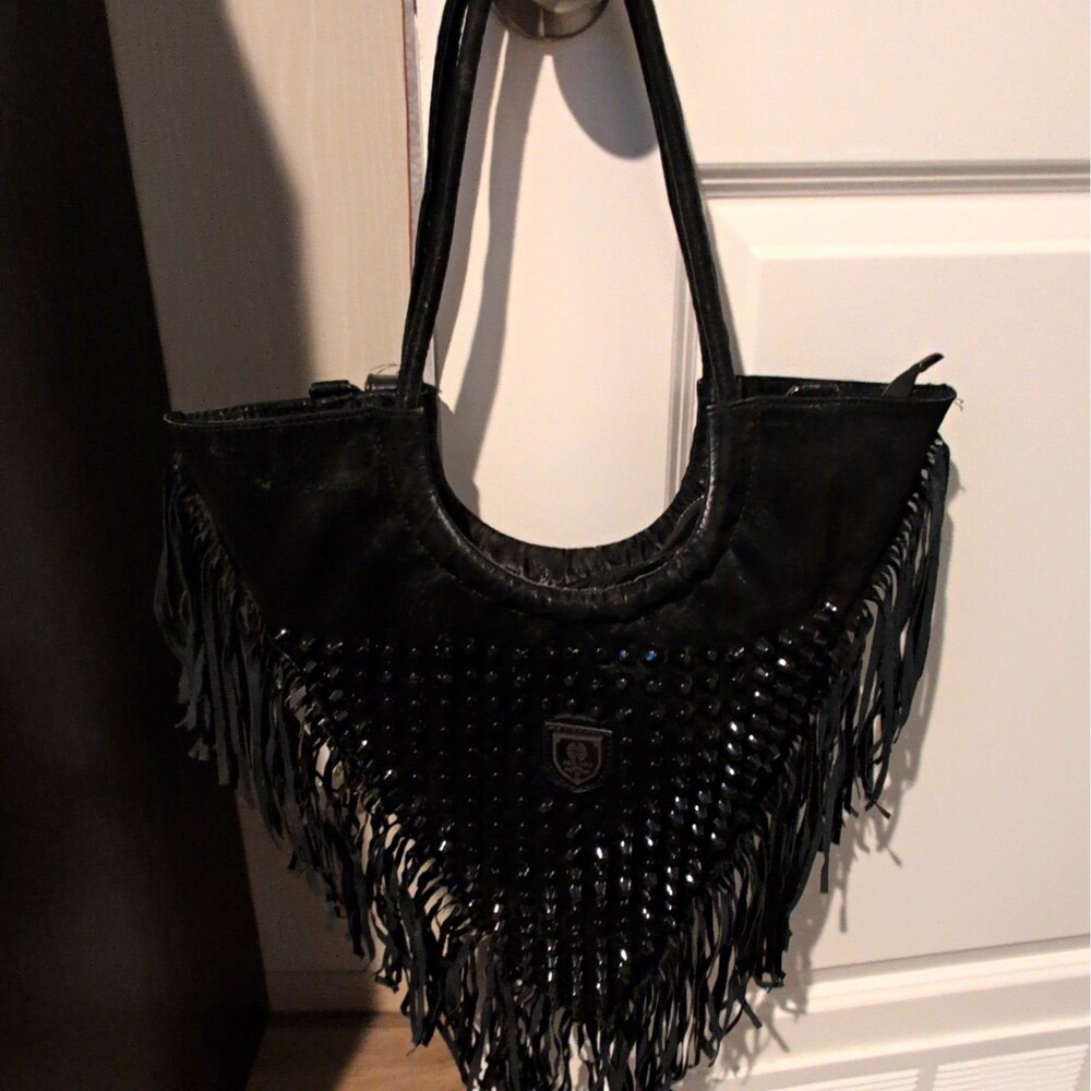 Agrippa Large Black Studded Fringe Shoulder Bag Zip Closure Detachable Strap